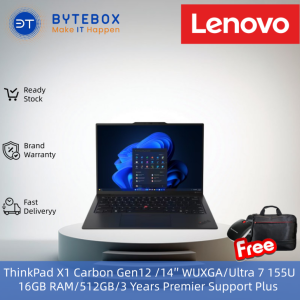 Lenovo ThinkPad X1 Carbon Gen12 (14″ WUXGA/Ultra 7 155U Processor/16GB RAM/512GB SSD/3 Yrs Premier Support Plus Warranty /FREE Mouse+Bag) 【Bytebox】